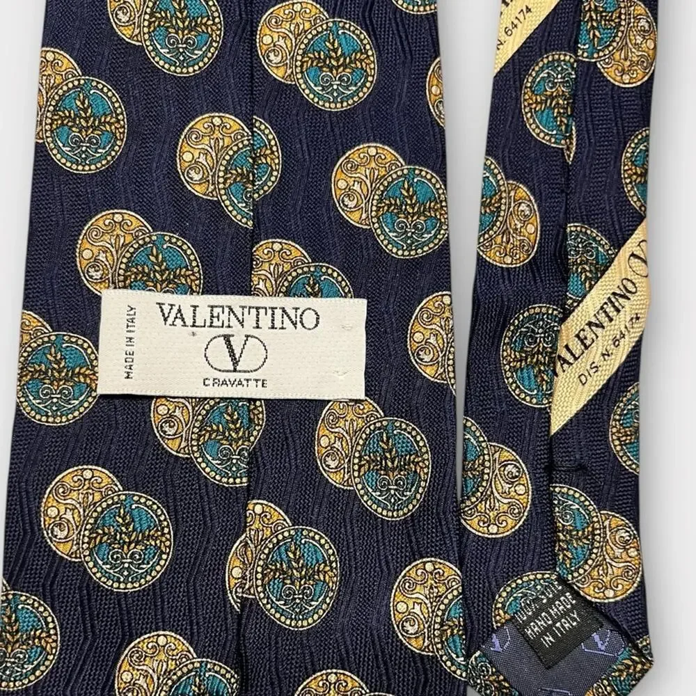 VALENTINO navy, teal & gold coin medallion print silk tie made in Italy luxury